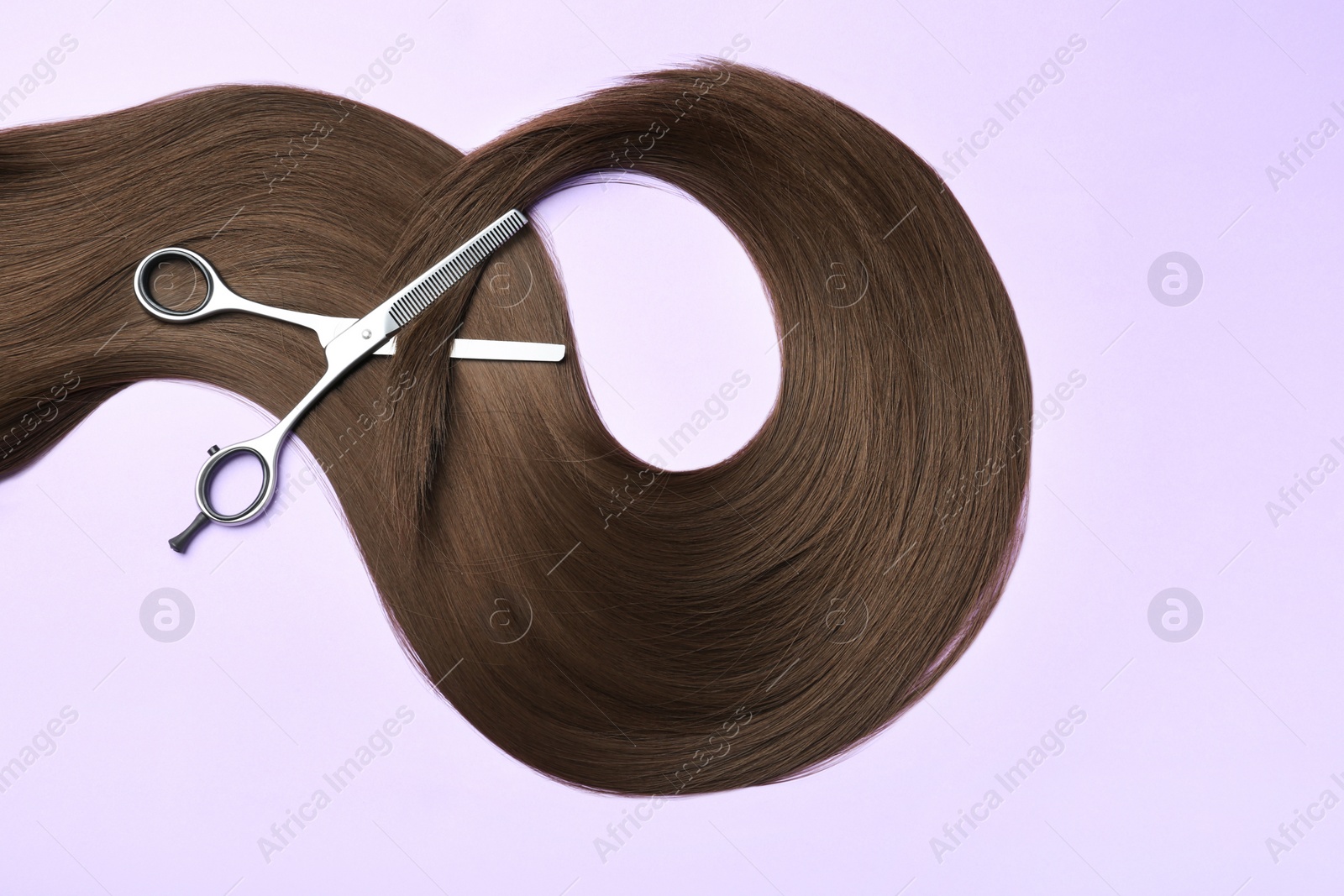 Photo of Lock of brown straight hair and thinning scissors on color background, flat lay