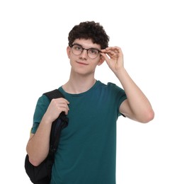Portrait of student with backpack on white background