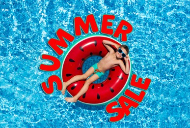 Image of Hot summer sale flyer design. Child with inflatable ring in swimming pool and text, top view