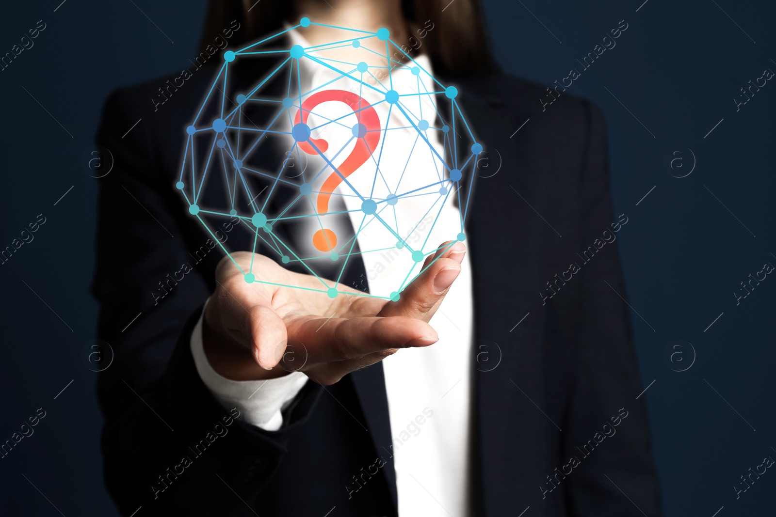 Image of Businesswoman demonstrating question mark symbol on dark background, closeup