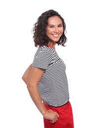 Portrait of happy young woman on white background