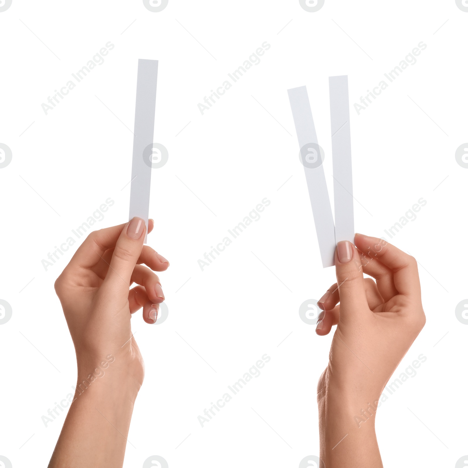 Photo of Woman holding perfume testing strips on white background, closeup of hands