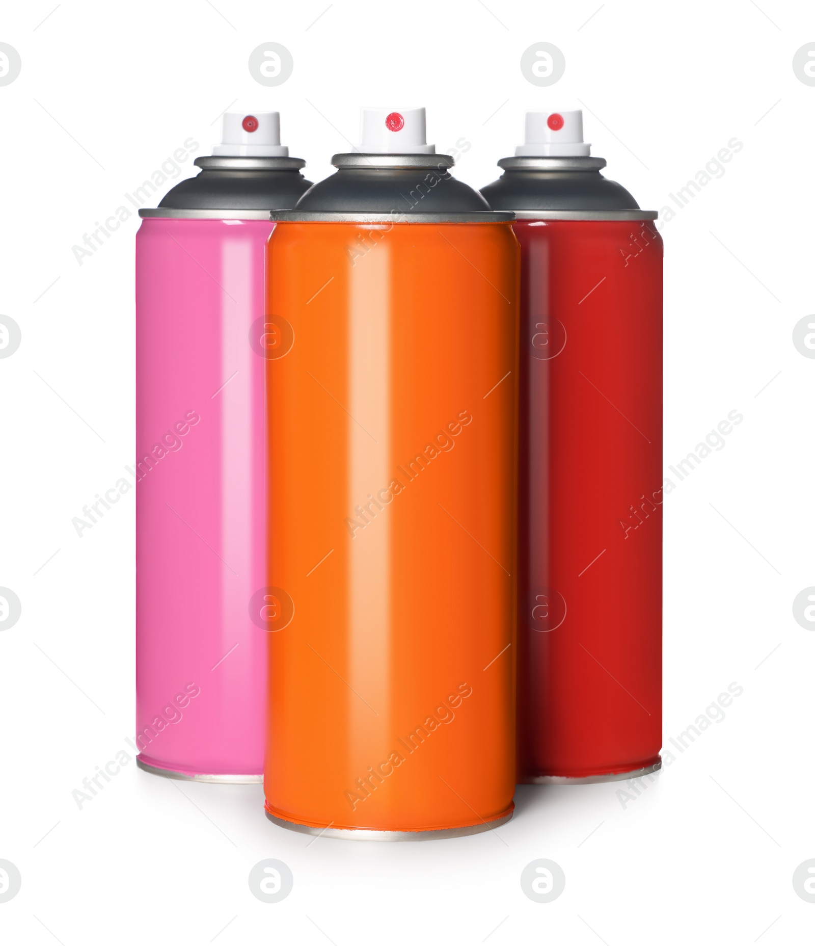 Photo of Colorful cans of spray paints on white background