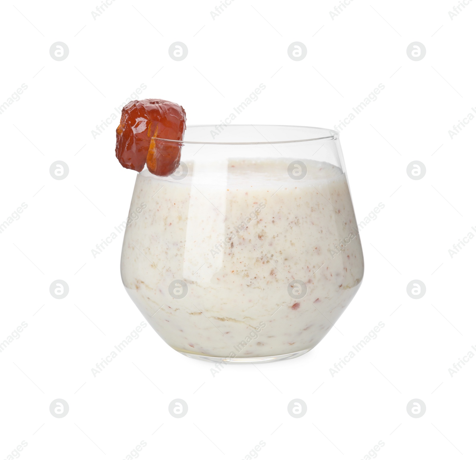 Photo of Glass of delicious date smoothie isolated on white