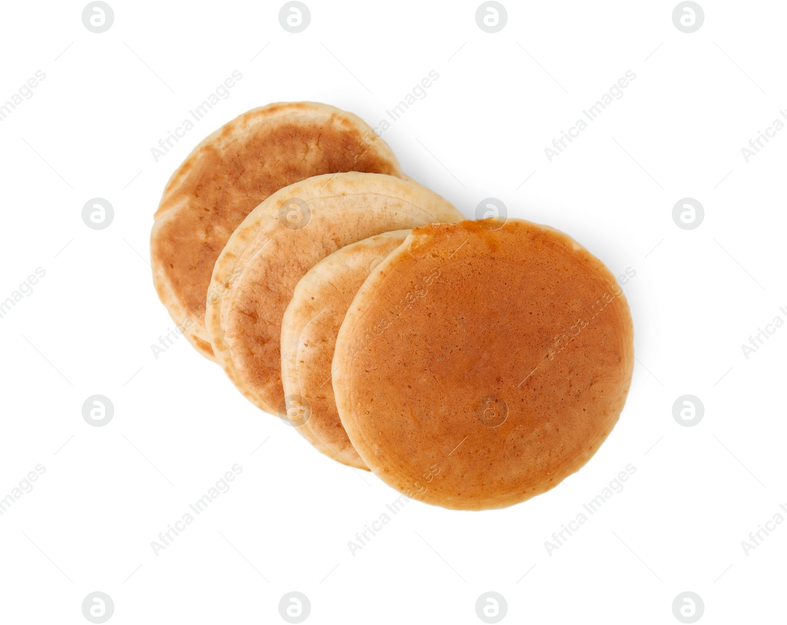 Photo of Tasty pancakes isolated on white, top view