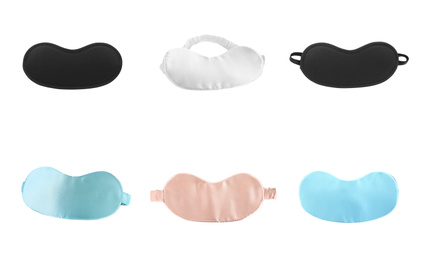 Image of Set of sleeping eye masks on white background