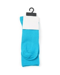 Photo of Blue socks on white background, top view