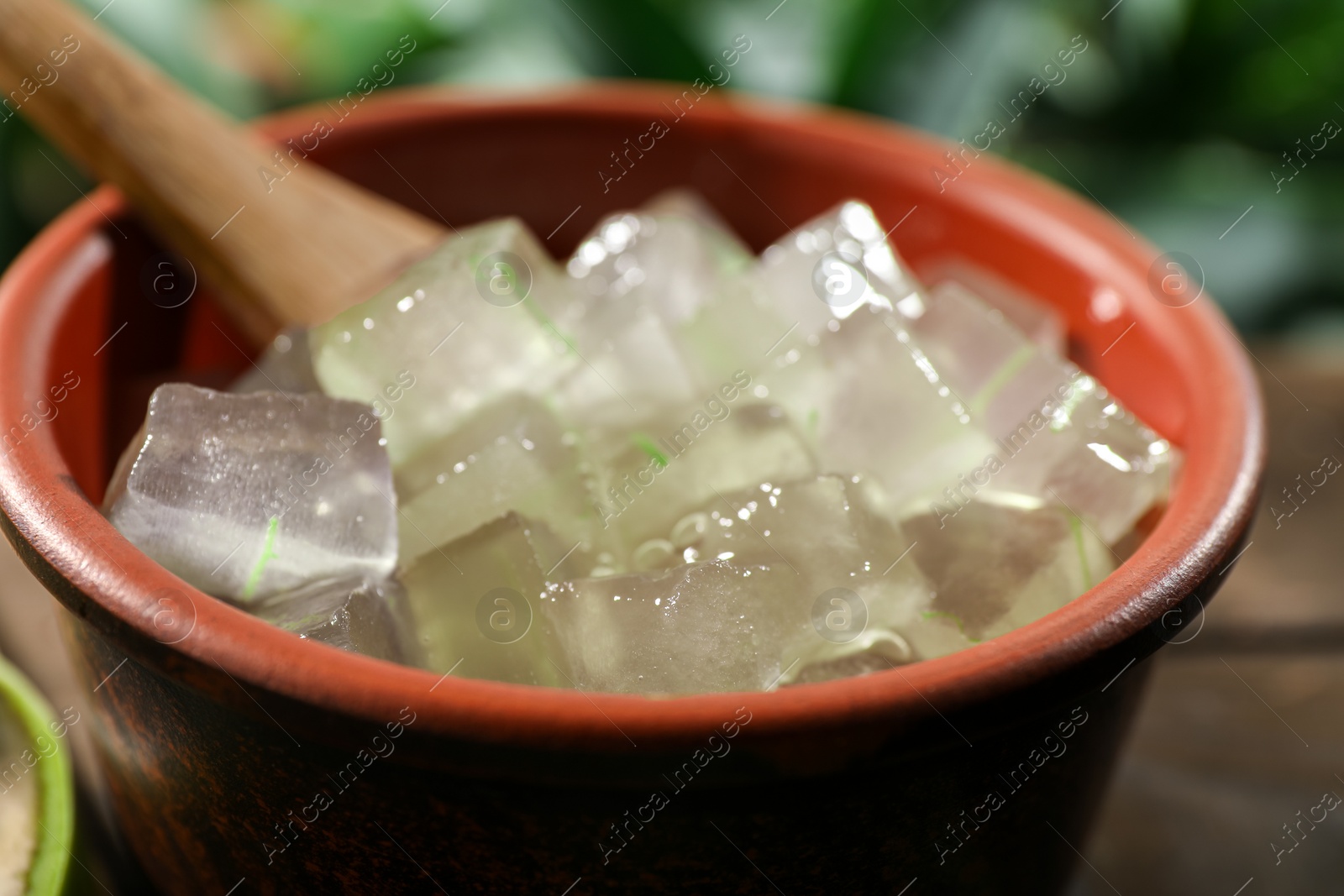 Photo of Aloe vera gel in bowl on blurred background, closeup