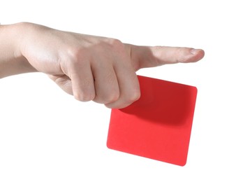 Referee holding red card and pointing on white background, closeup