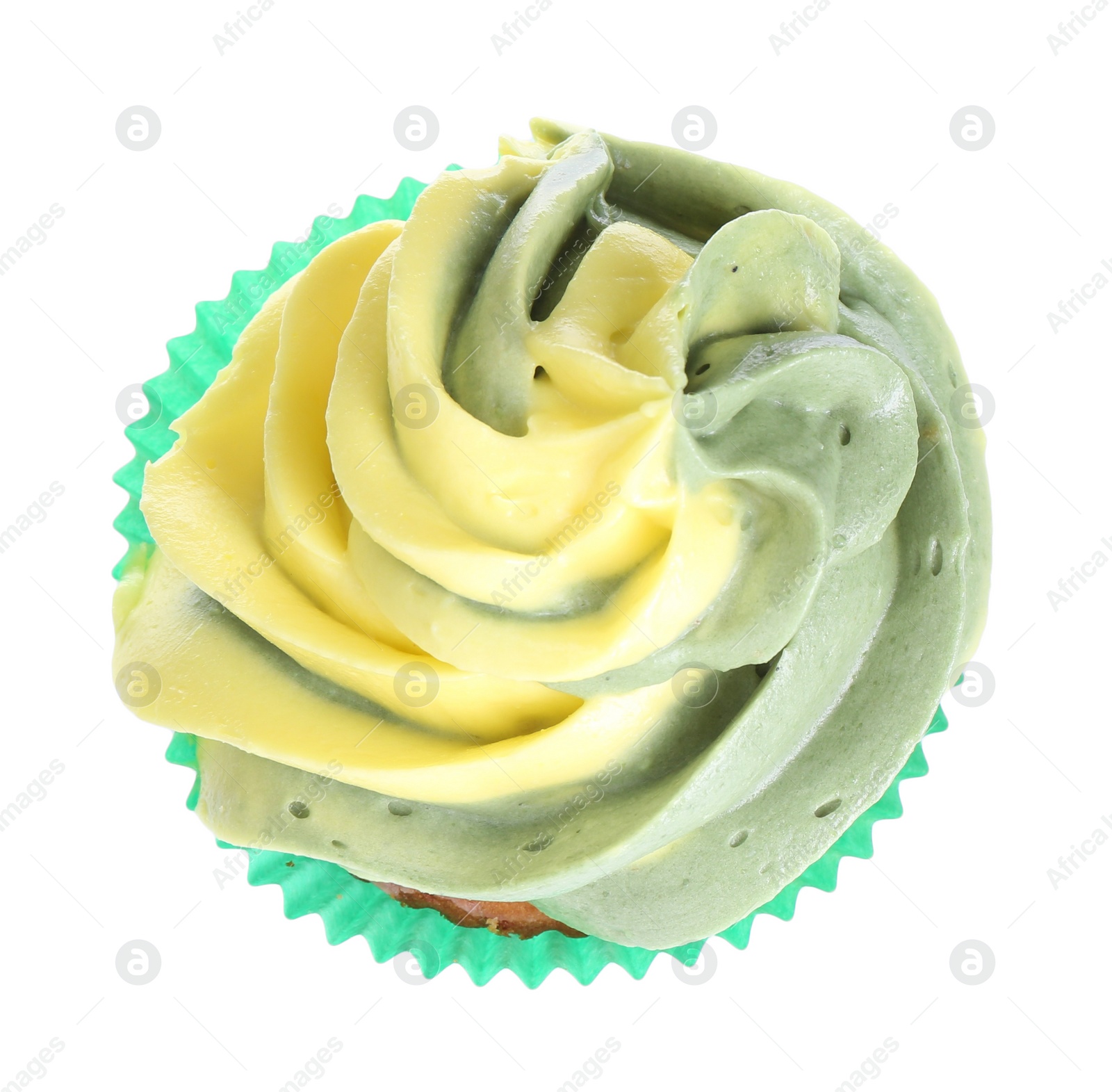 Photo of Delicious cupcake with bright cream isolated on white, top view