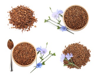 Image of Set with chicory granules and flowers on white background, top view 