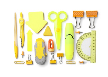 Photo of Composition with different school stationery on white background