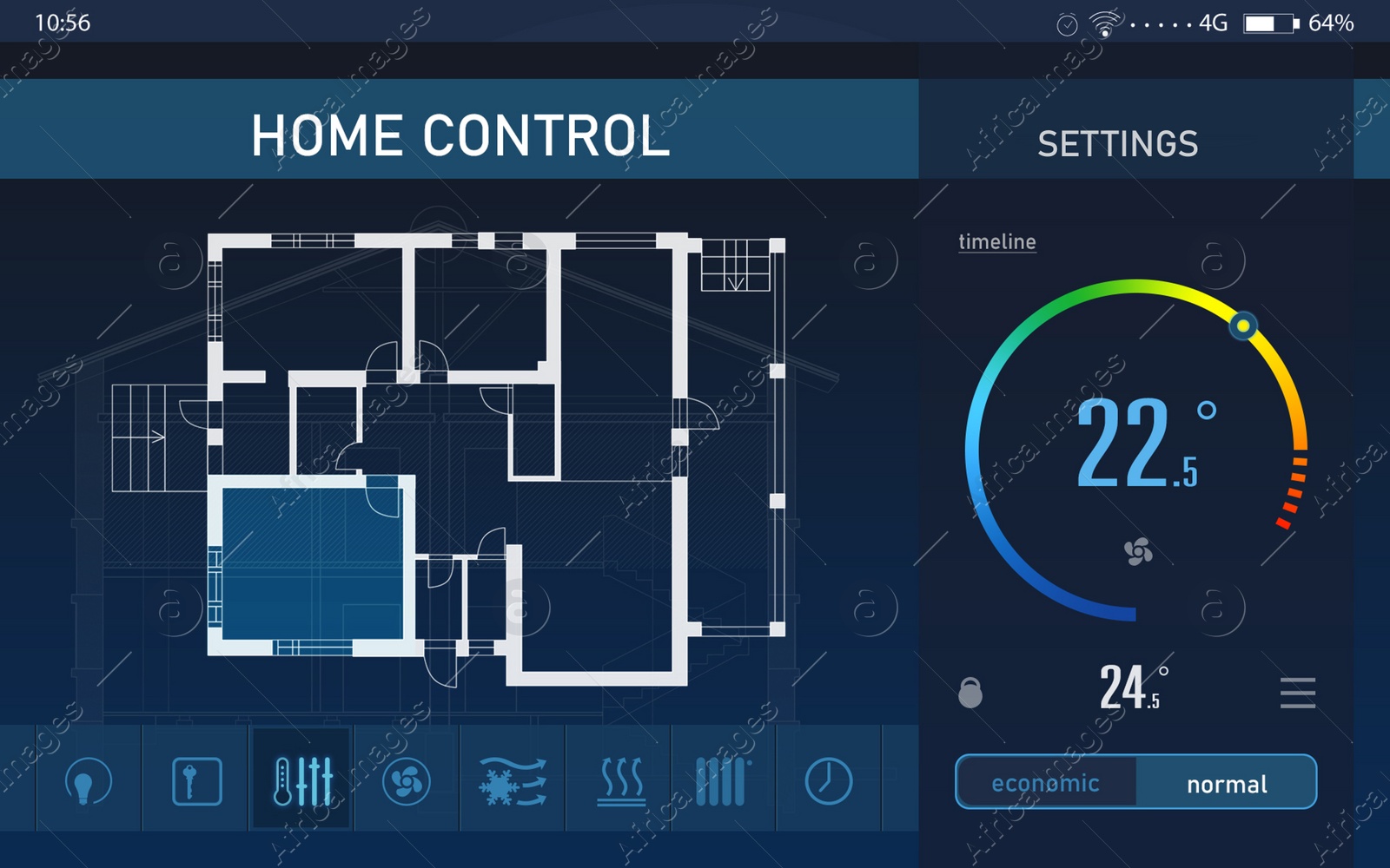 Energy efficiency home control system. Application displaying house plan, indoor temperature and other settings Illustration of Energy efficiency home control system. Application displaying house plan, indoor temperature and other settings