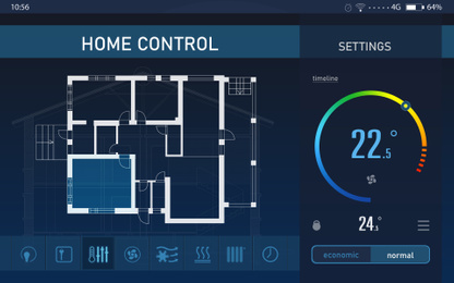 Illustration of Energy efficiency home control system. Application displaying house plan, indoor temperature and other settings