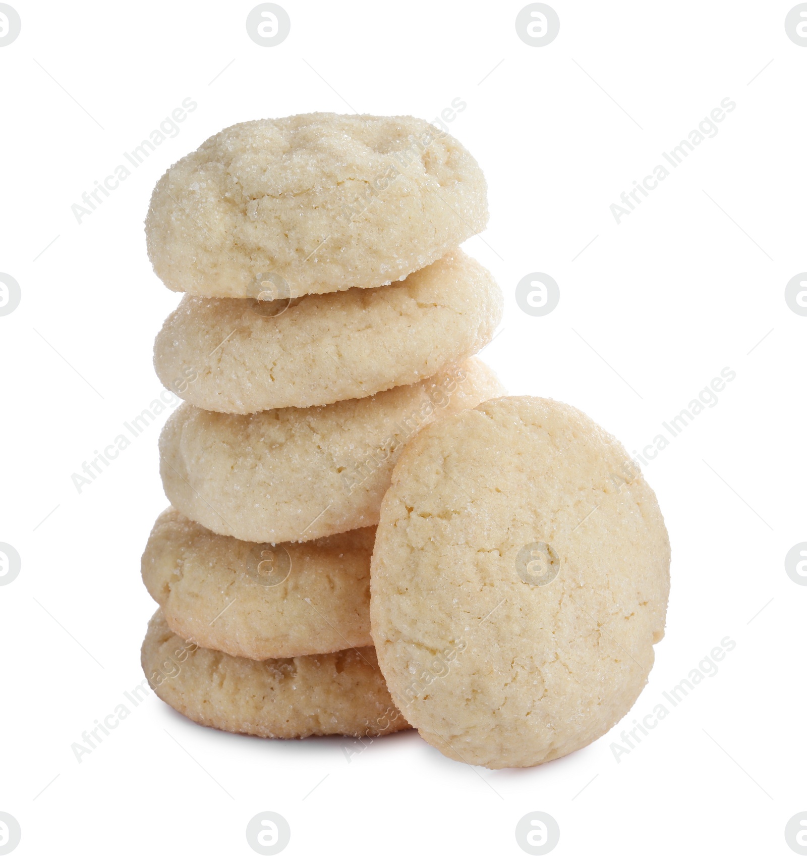 Photo of Many tasty sugar cookies isolated on white