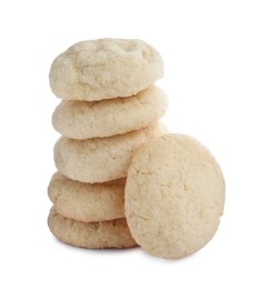 Photo of Many tasty sugar cookies isolated on white