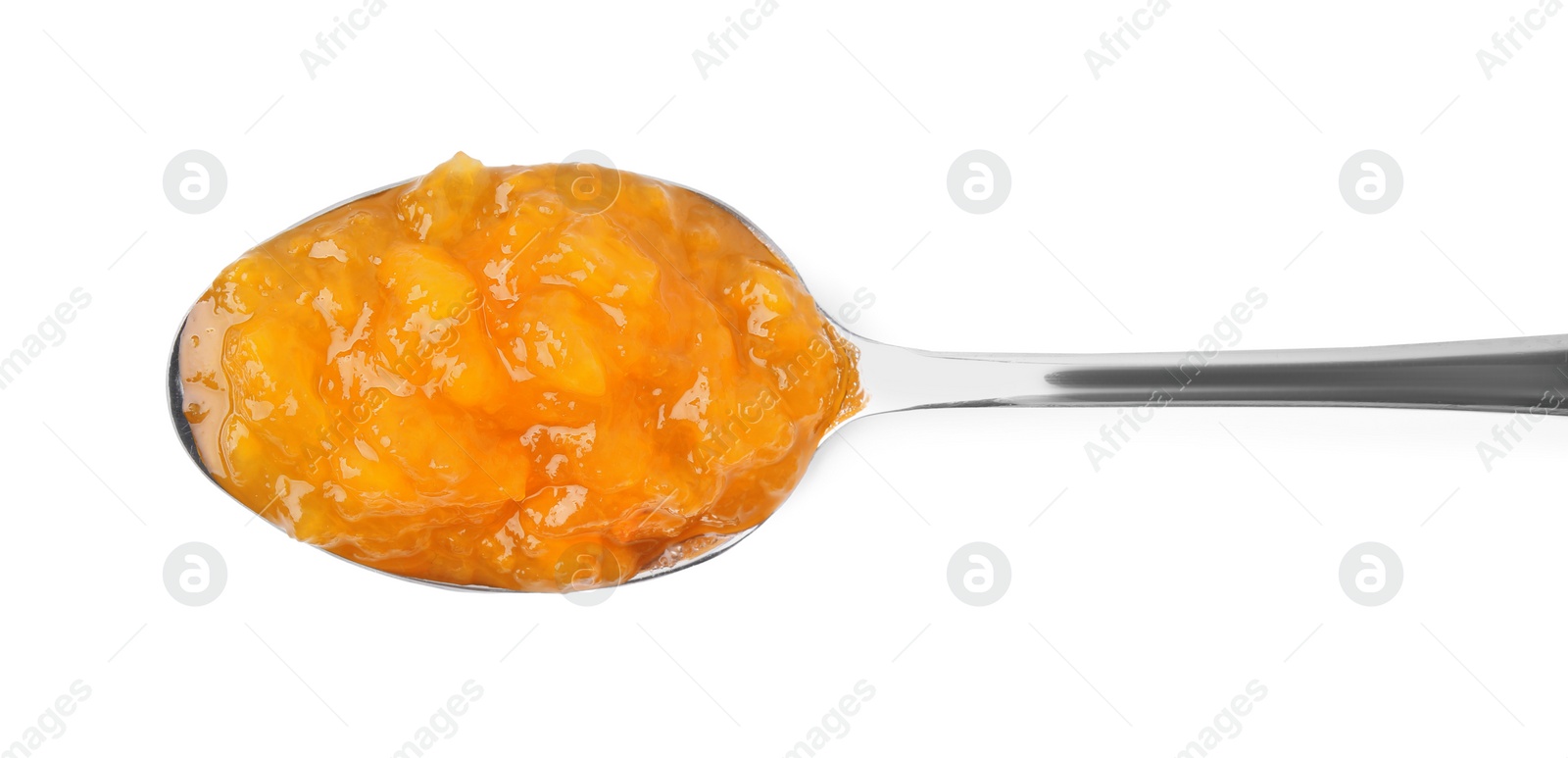 Photo of Spoon with tasty apricot jam isolated on white, top view