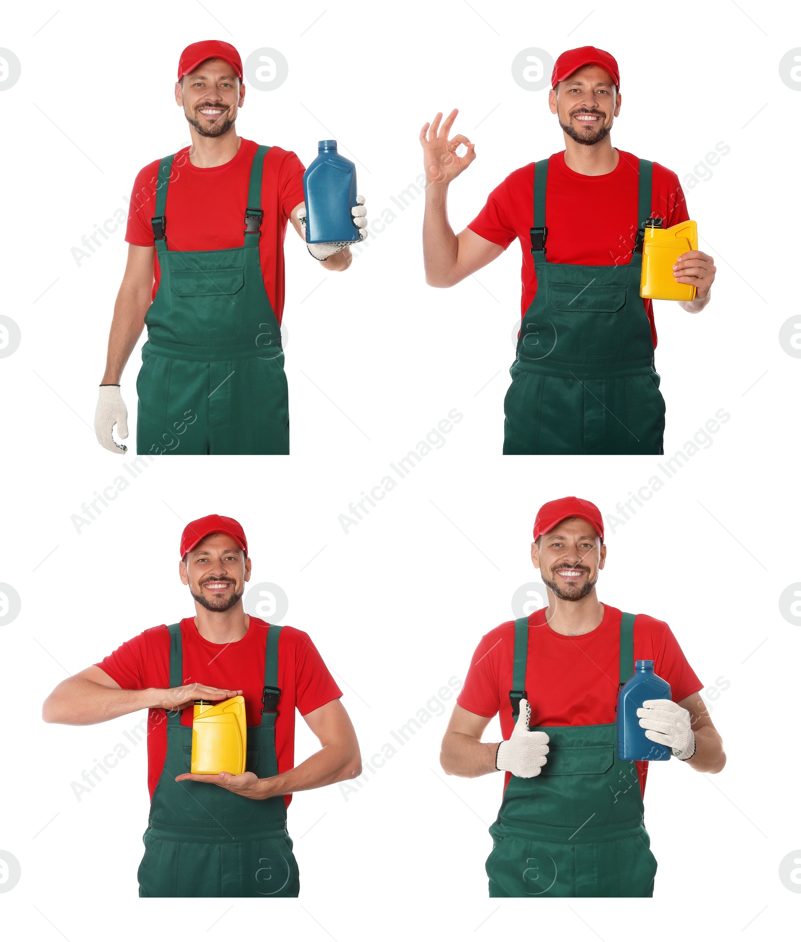 Image of Collage with photos of auto mechanic with containers of different motor oil on white background