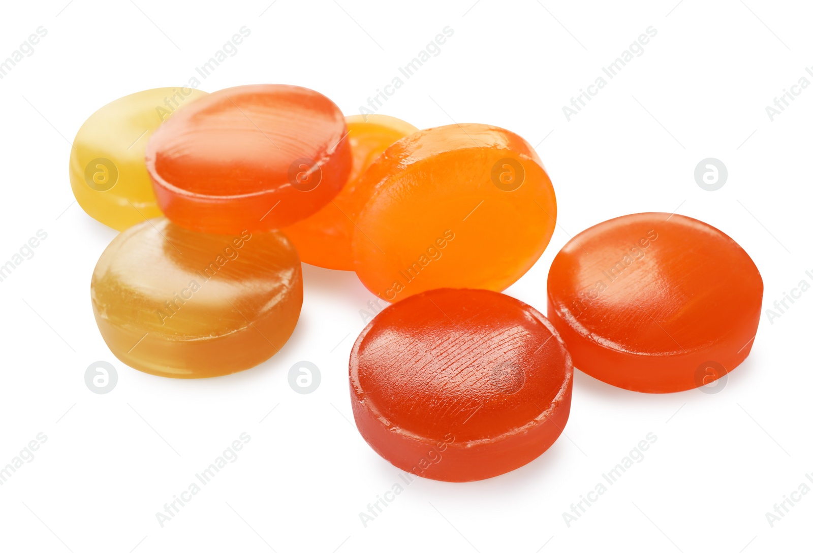 Photo of Many different color cough drops on white background