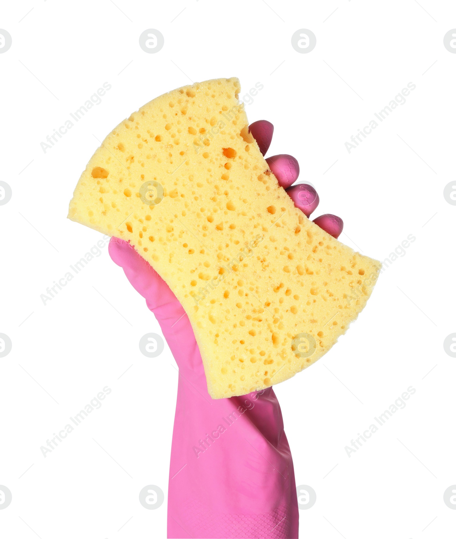 Photo of Cleaner in rubber glove holding new yellow sponge on white background, closeup