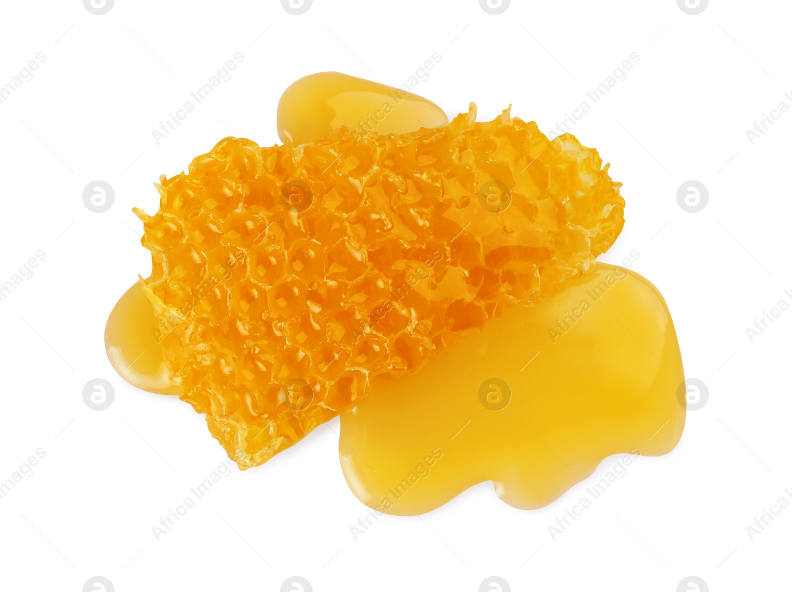 Photo of Piece of natural honeycomb with tasty honey isolated on white, top view