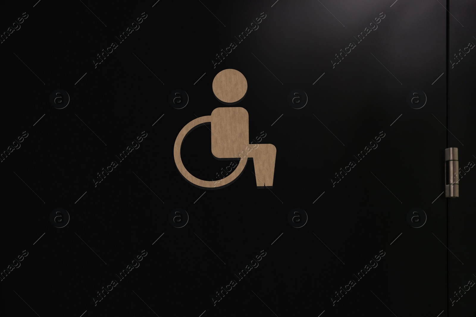 Image of Special needs accessible public toilet sign on black door, closeup. Wheelchair symbol