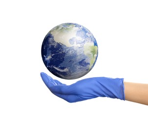 Image of World in our hands. Woman holding digital model of Earth on white background, closeup view 