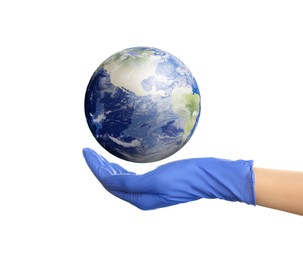 World in our hands. Woman holding digital model of Earth on white background, closeup view 