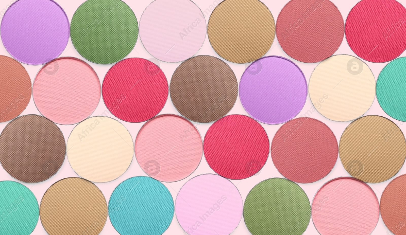 Image of Set of beautiful different eye shadow refill pans on white background