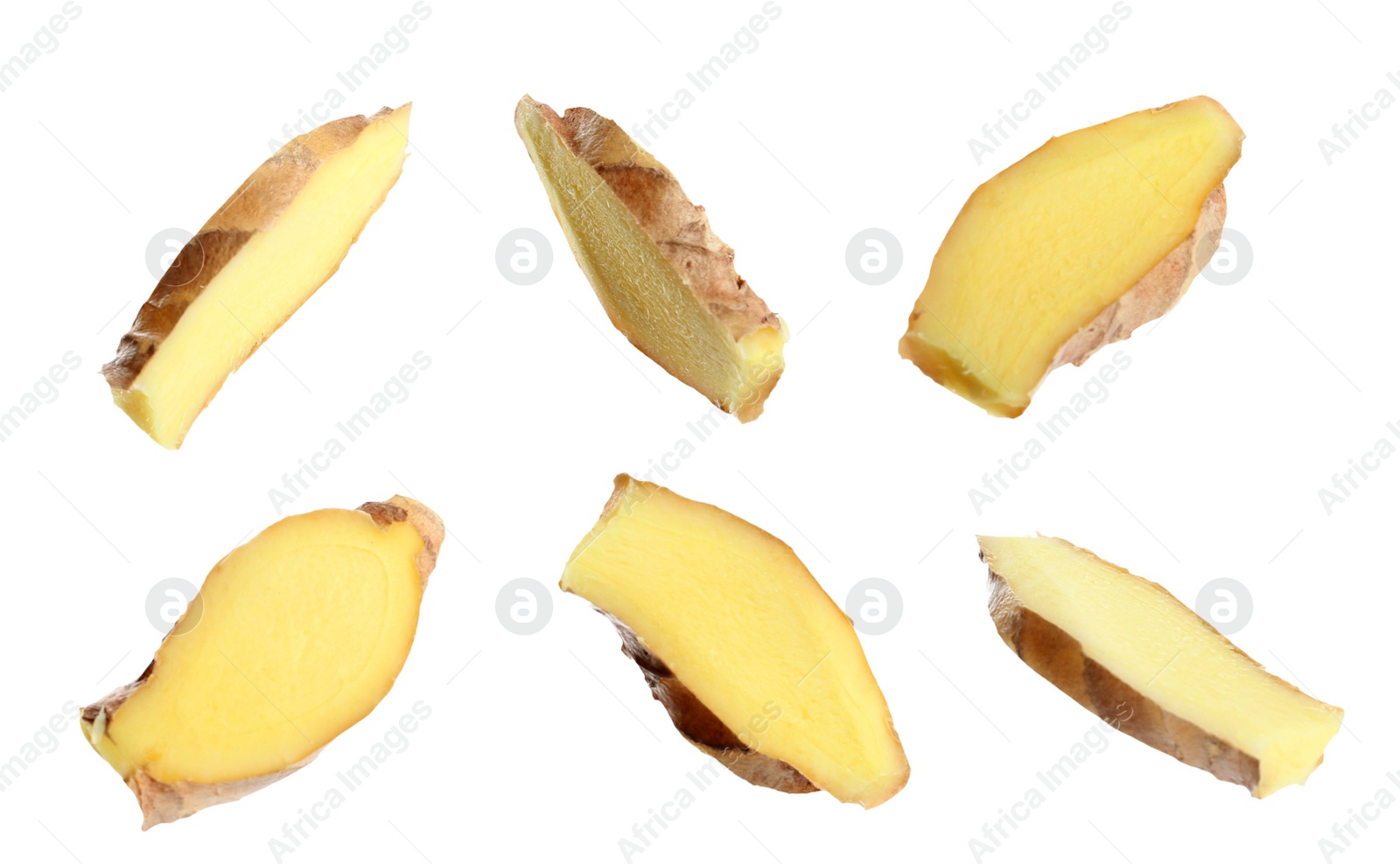 Image of Set of fresh ginger slices on white background