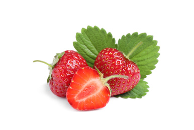 Photo of Sweet fresh ripe strawberries with green leaves on white background