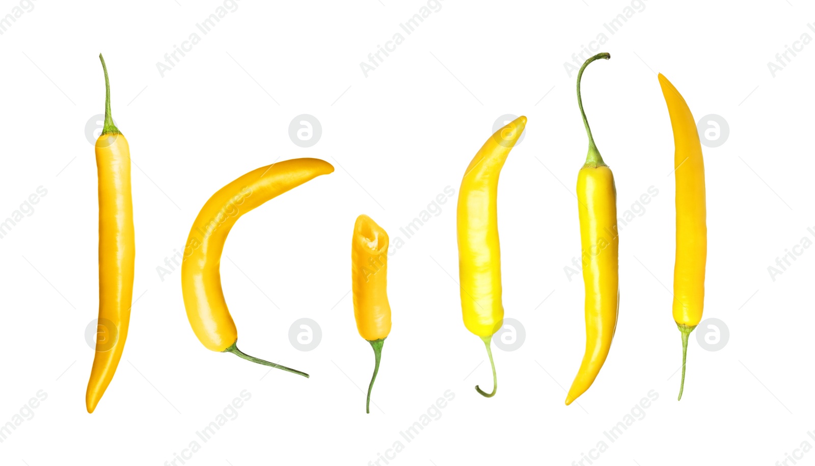 Image of Set with ripe yellow chili peppers on white background 