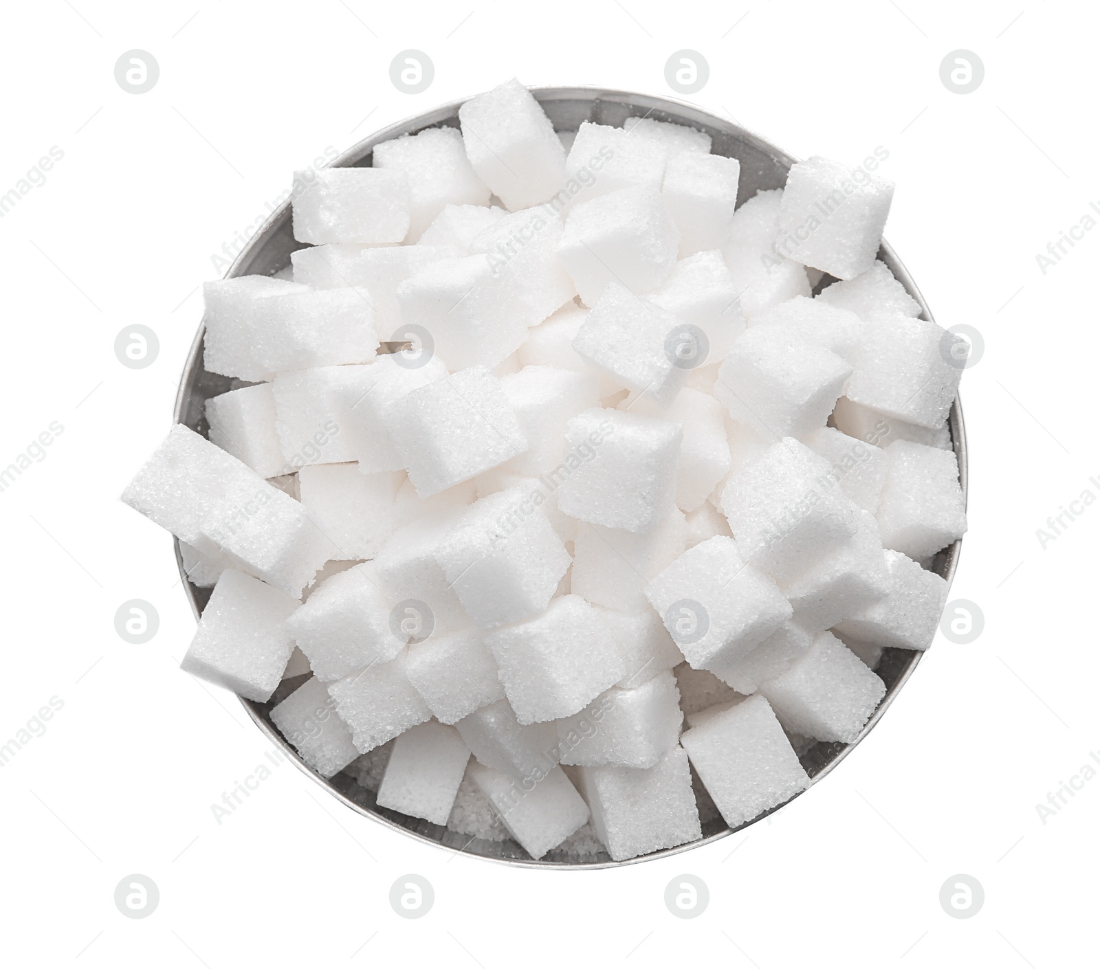 Photo of Refined sugar cubes in bowl on white background, top view