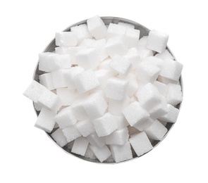 Photo of Refined sugar cubes in bowl on white background, top view