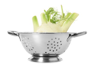 Photo of Metal colander with fennel isolated on white