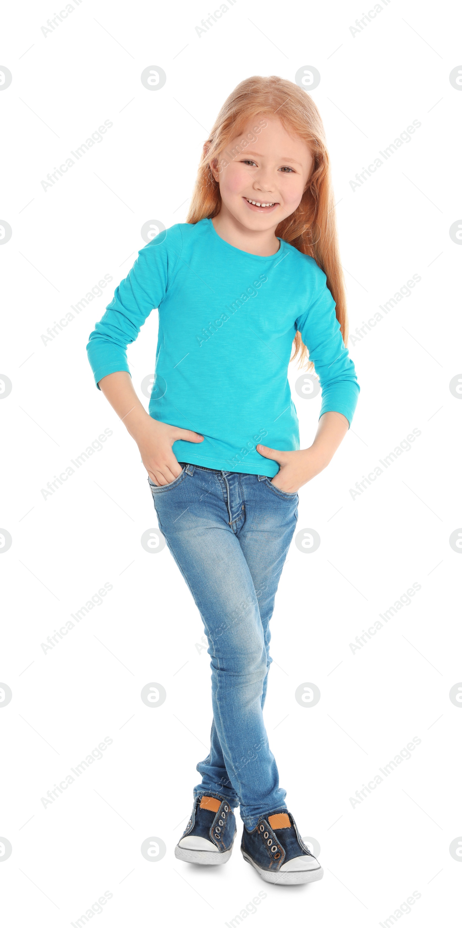 Photo of Full length portrait of cute little girl in casual outfit on white background