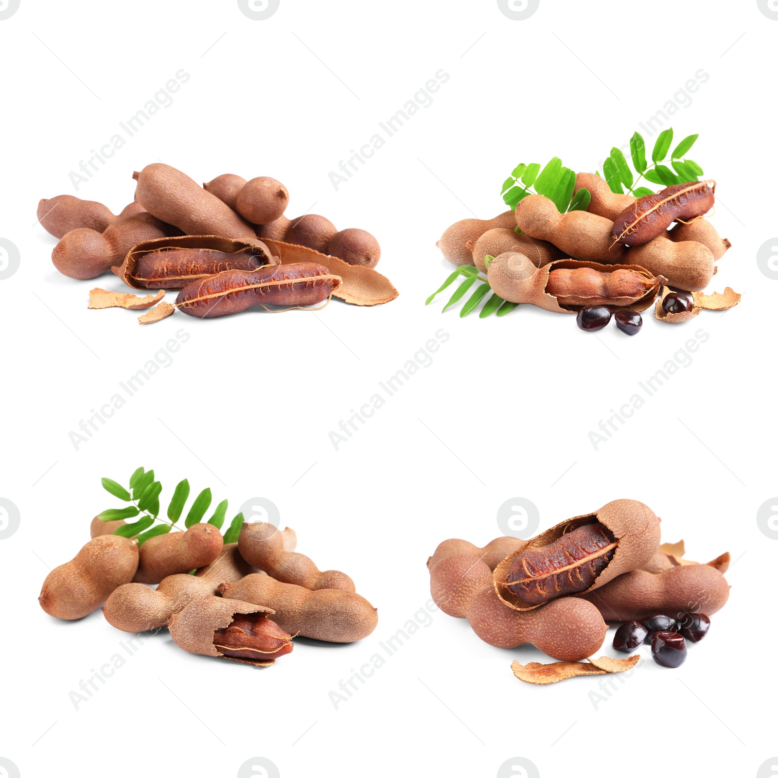 Image of Set with delicious ripe tamarinds on white background. Exotic fruit