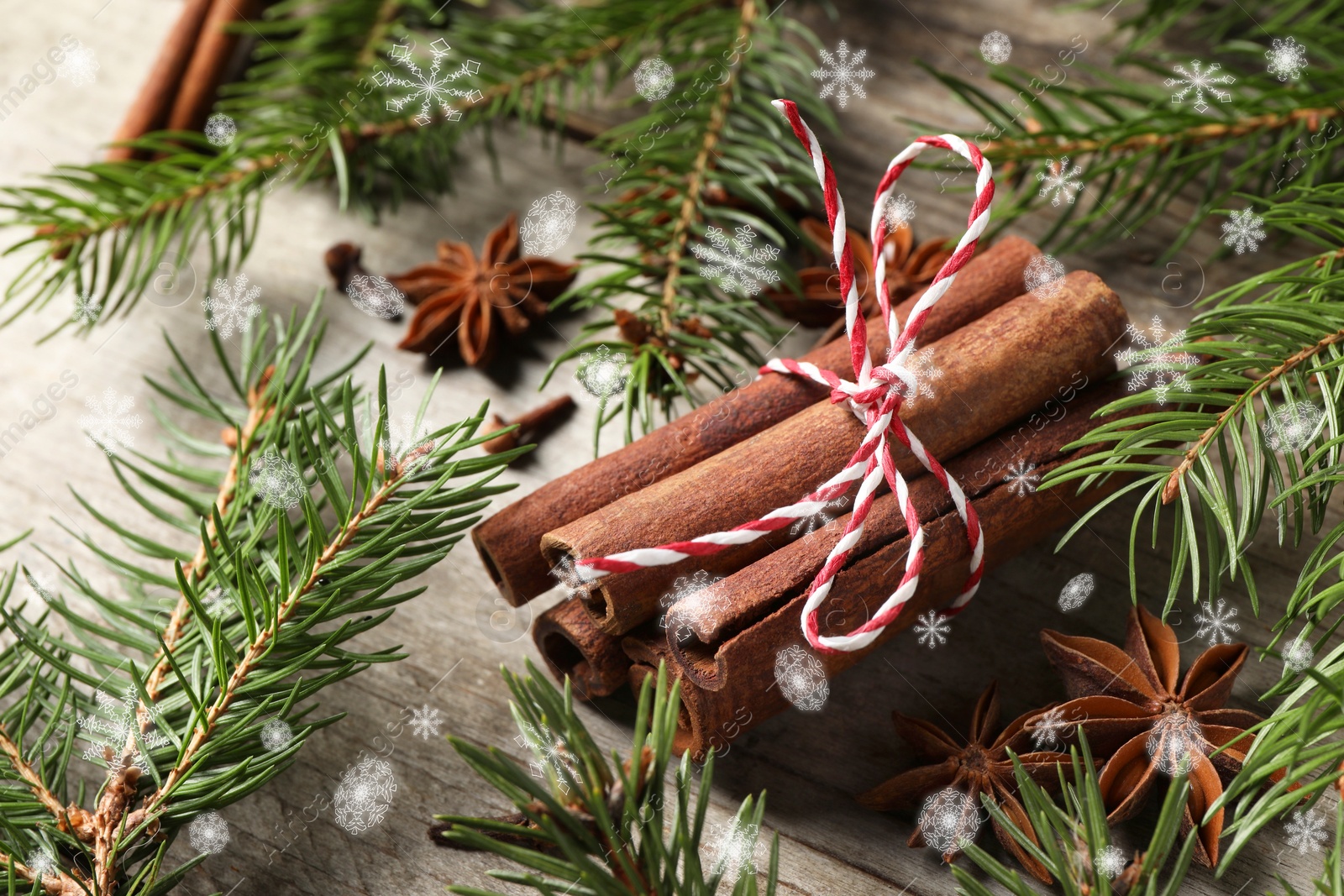 Image of Different spices and fir tree branches on wooden table. Cinnamon, anise, cloves