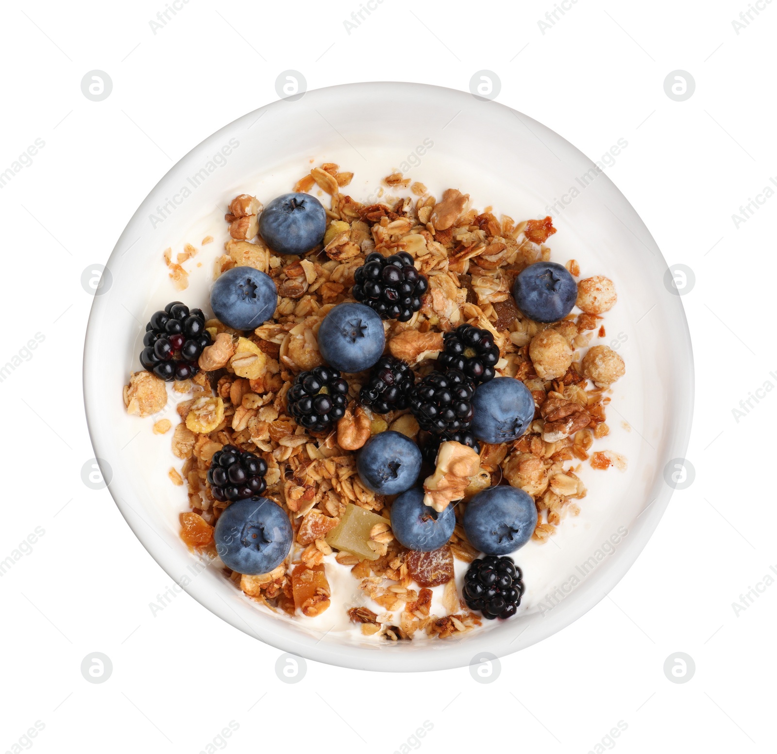 Photo of Bowl of healthy muesli with berries and yogurt isolated on white, top view