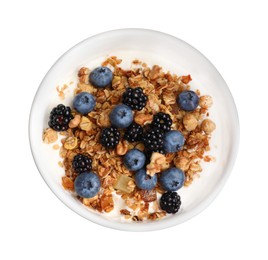 Bowl of healthy muesli with berries and yogurt isolated on white, top view