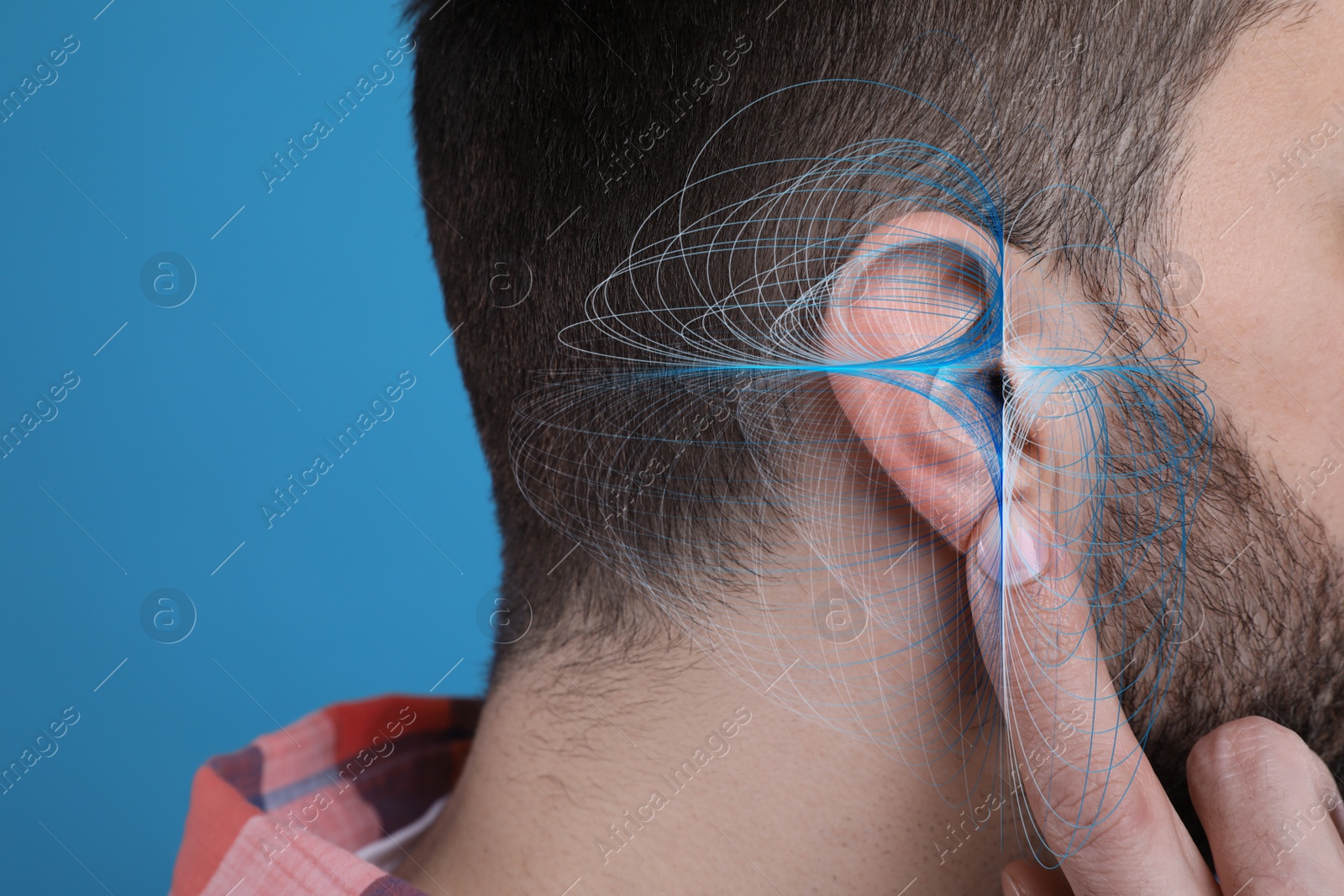 Image of Hearing loss concept. Man and sound waves illustration on light blue background, closeup