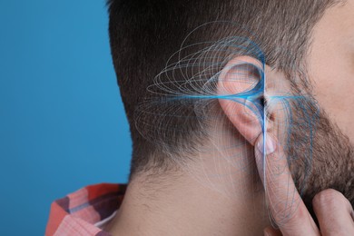 Image of Hearing loss concept. Man and sound waves illustration on light blue background, closeup