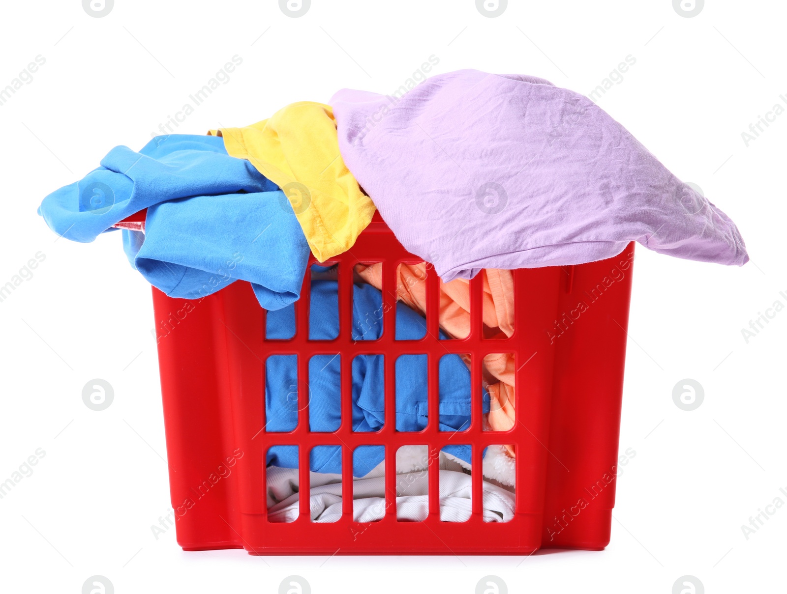 Photo of Laundry basket with dirty clothes isolated on white