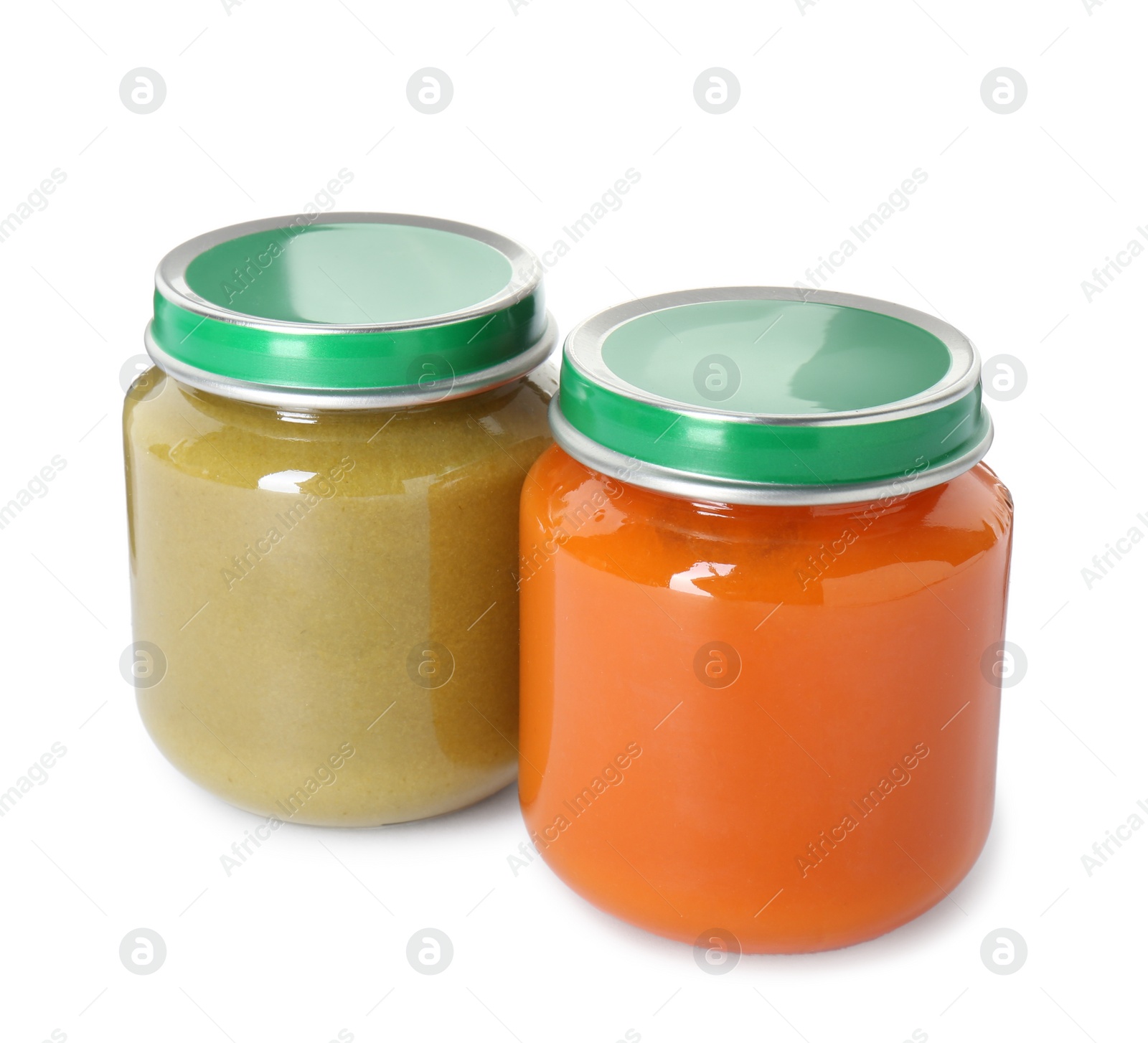 Photo of Baby food. Different healthy puree in jars isolated on white