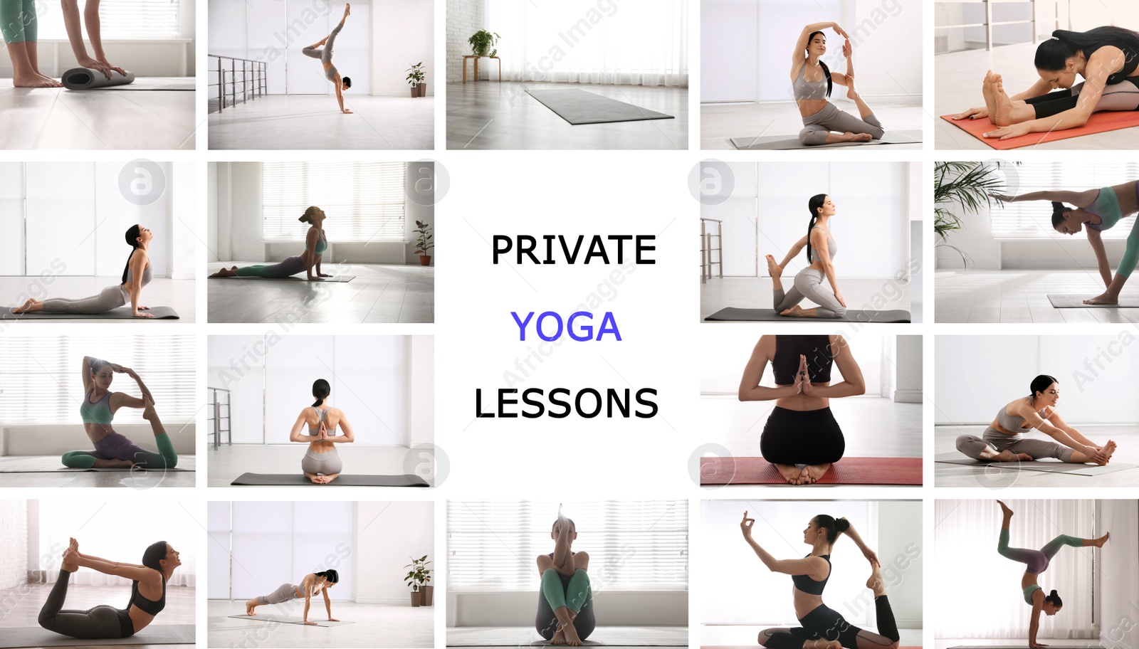 Image of Collage of women practicing different poses and text Private Yoga Classes