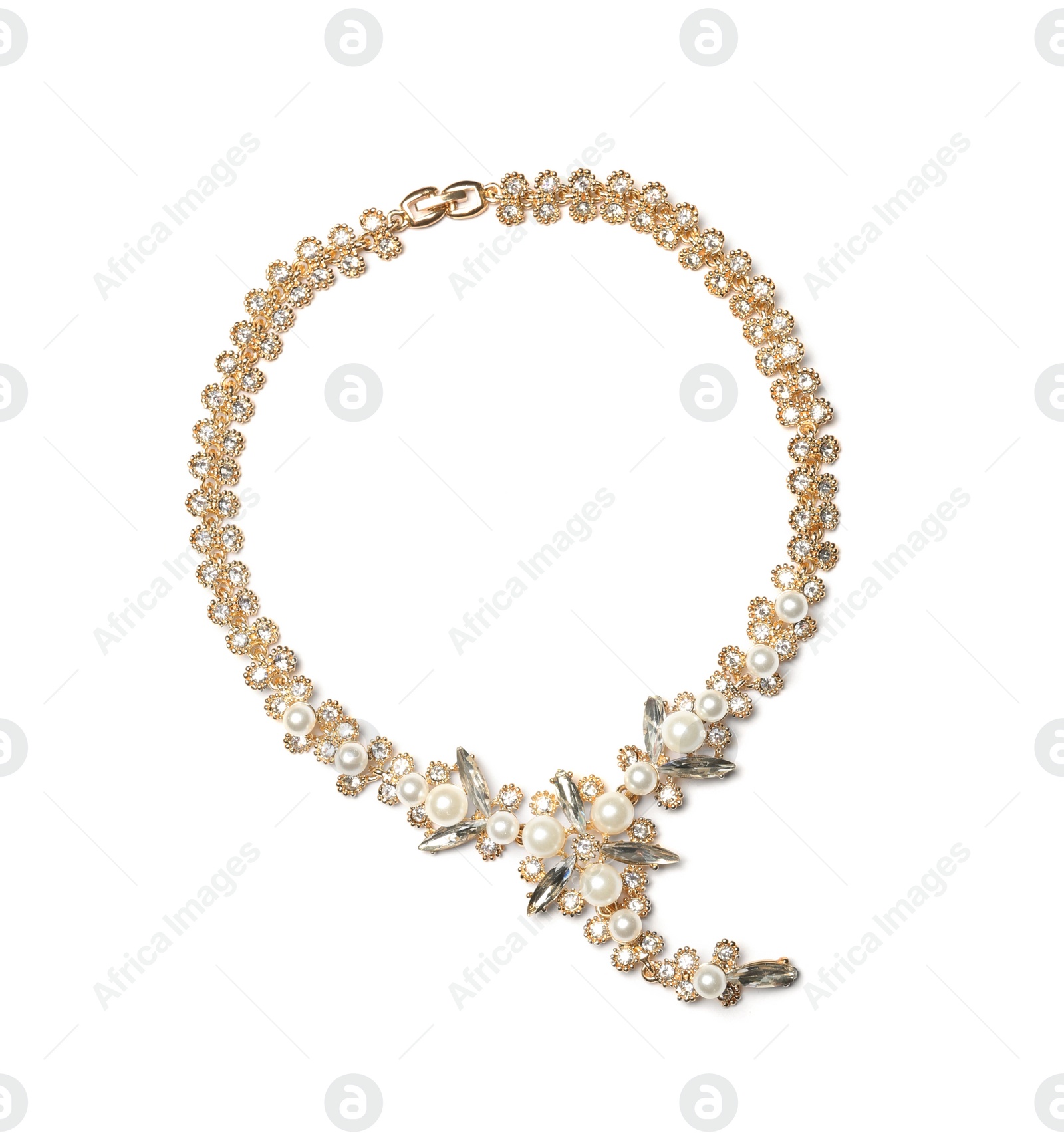 Photo of Stylish necklace with gemstones isolated on white, top view. Luxury jewelry