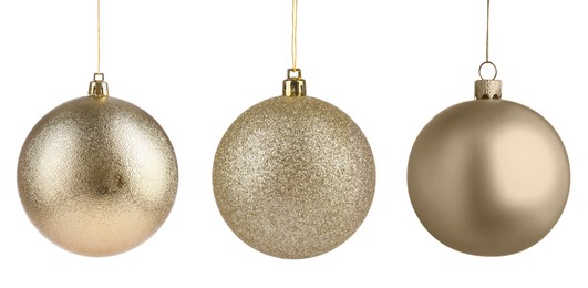 Image of Golden Christmas ball hanging on white background, collection