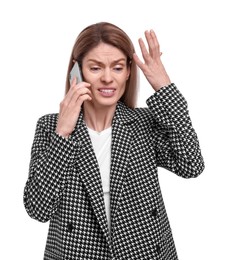 Photo of Angry businesswoman talking on smartphone against white background