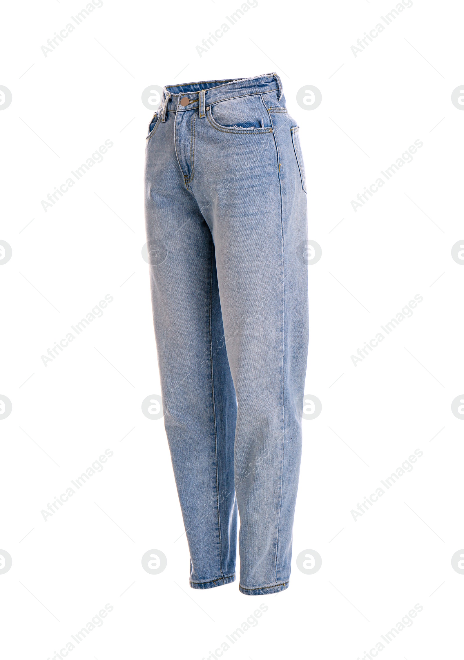 Photo of Stylish jeans on mannequin against white background. Women's clothes