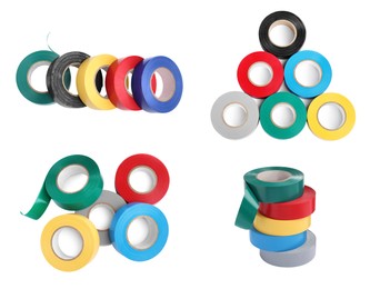 Image of Collage with insulating tapes in different colors on white background